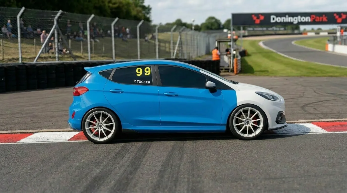 Reuben Tucker's number 99 Fiesta Junior, side-on at the circuit